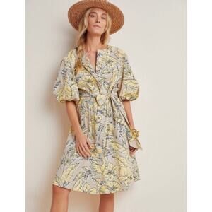 Anthropologie Josephine Puff Sleeve Button Cotton Midi Dress Floral Yellow XL